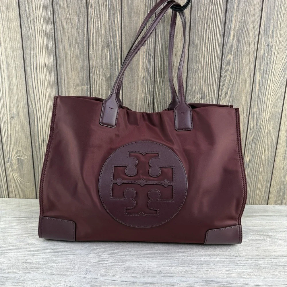 Tory Burch Ella Large Tote Bag Burgundy Nylon Leather Logo Shoulder Handbag